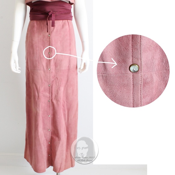Bonnie Cashin Crop Top, Maxi Skirt + Obi Belt 3pc Set Pink Suede 1970s - Picture 10 of 12